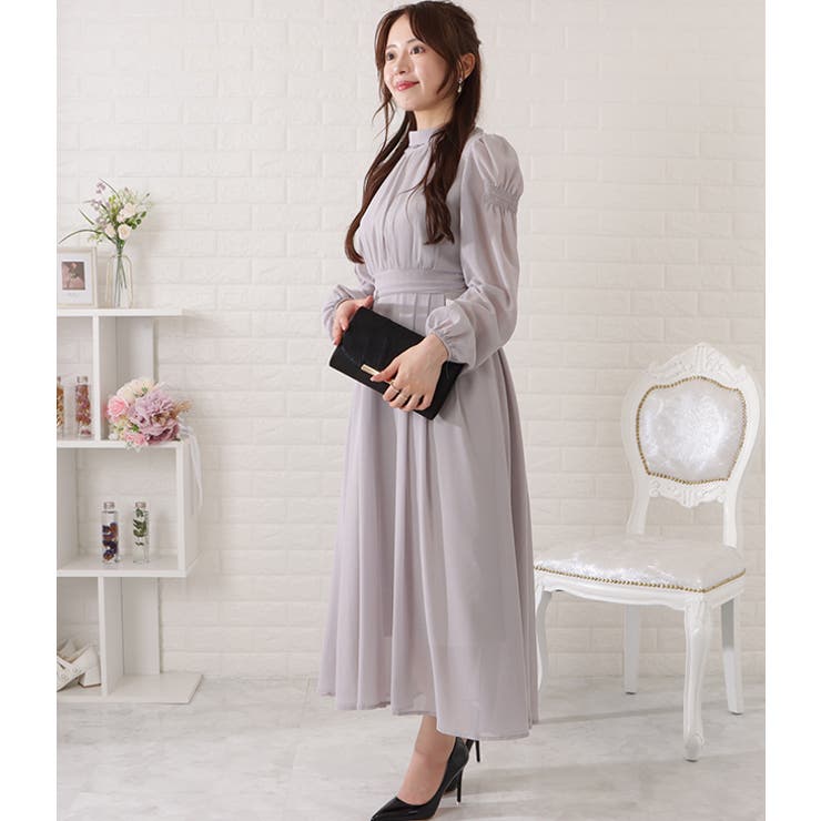 ギャザーシェイプロングシフォンワンピース 女性 レディース