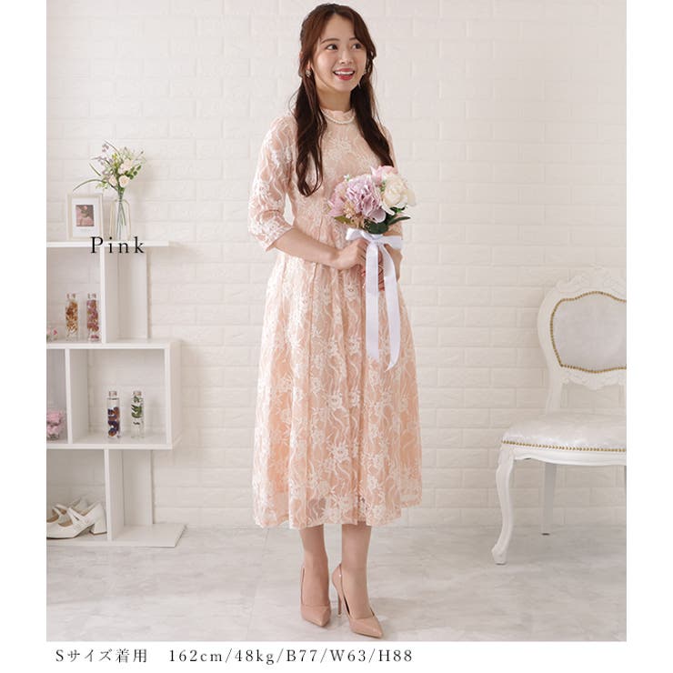 S115: 新品❣️ 袖レース 半袖ワンピース サイズ42 総レース5分袖タックワンピース 女性 レディース[品番