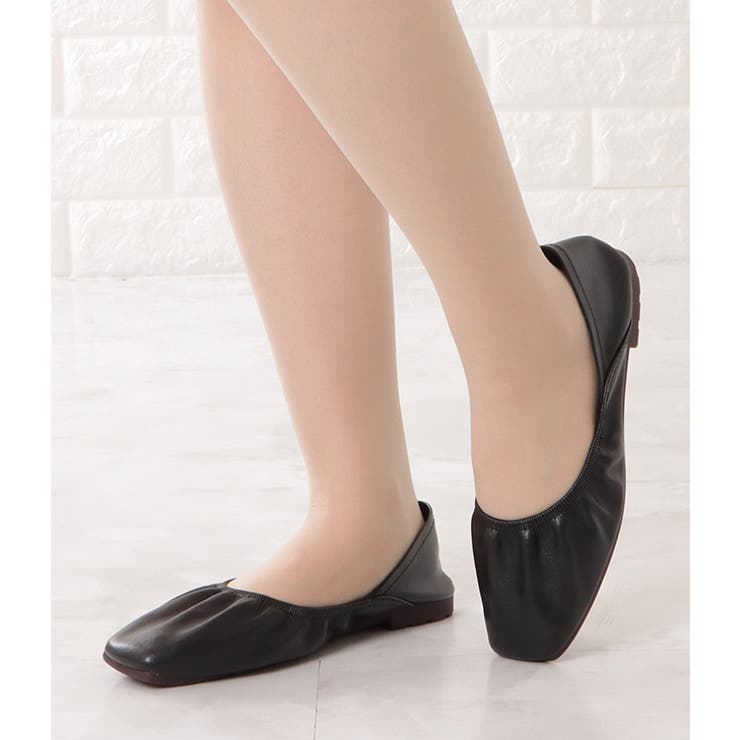 レザー調スクエアトゥギャザーフラットパンプス レザー調 フェイク