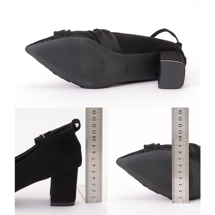 スエード調シフォンリボン付きチャンキーヒールパンプス レディース