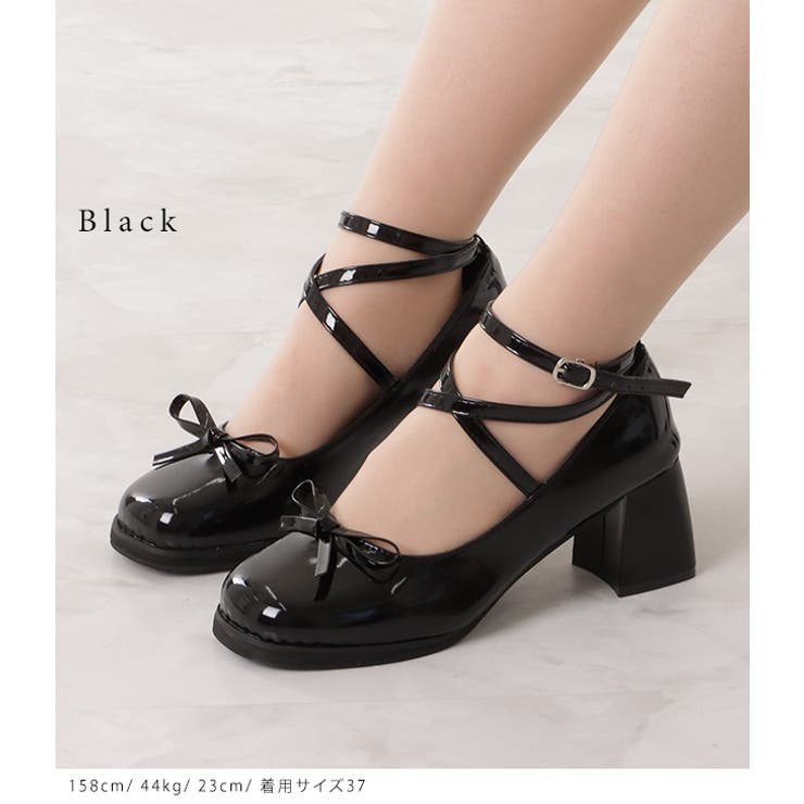 エナメル調ボリュームヒールレースアップパンプス パンプス 女性[品番