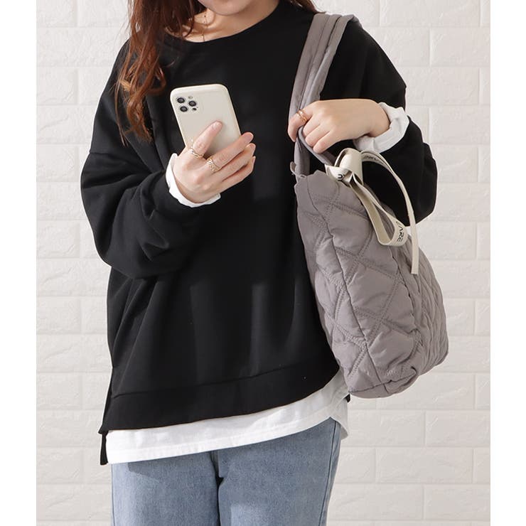 リボン装飾のグレーキルティングトートバッグ リボン付きシワキルティングトートバッグ レディース 女性[品番