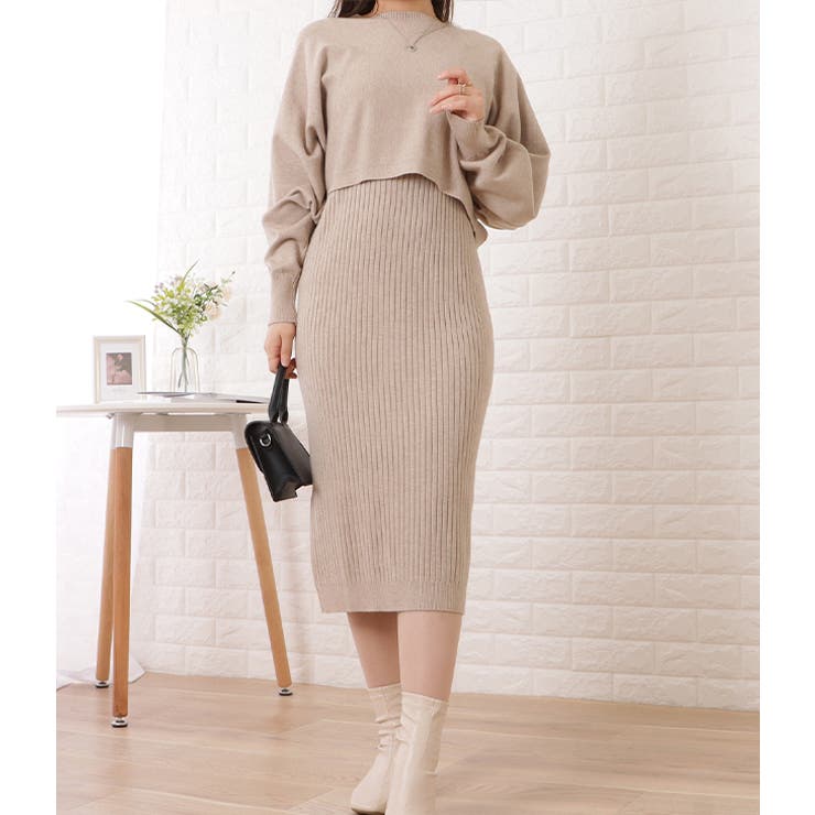 リブニットワンピ×クロップドトップスセットアップ 女性 レディース | レースレディース  | 詳細画像14 