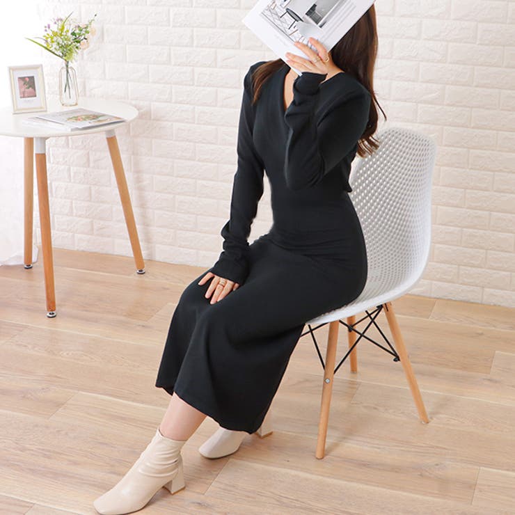 Vネックスリムニットロングワンピース 女性 レディース[品番