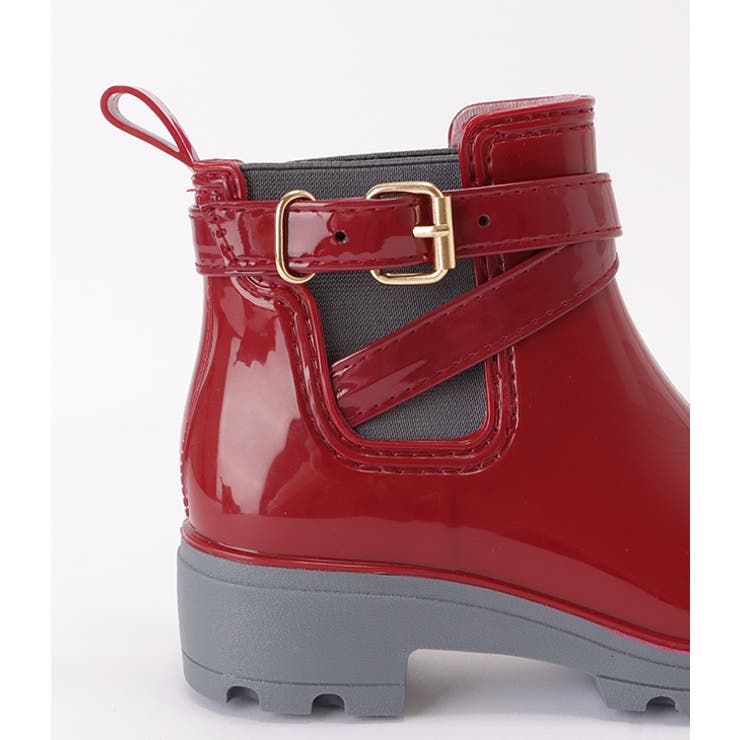 ベルト付きエナメル調ショート丈レインブーツ 女性 レディース[品番