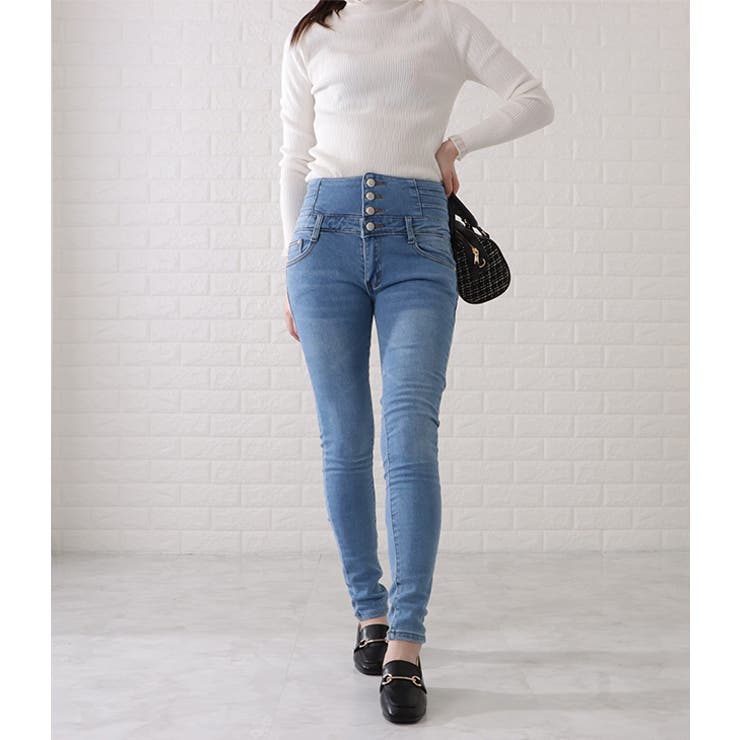 ハイウエストスキニーデニムボタンパンツ 女性 レディース[品番