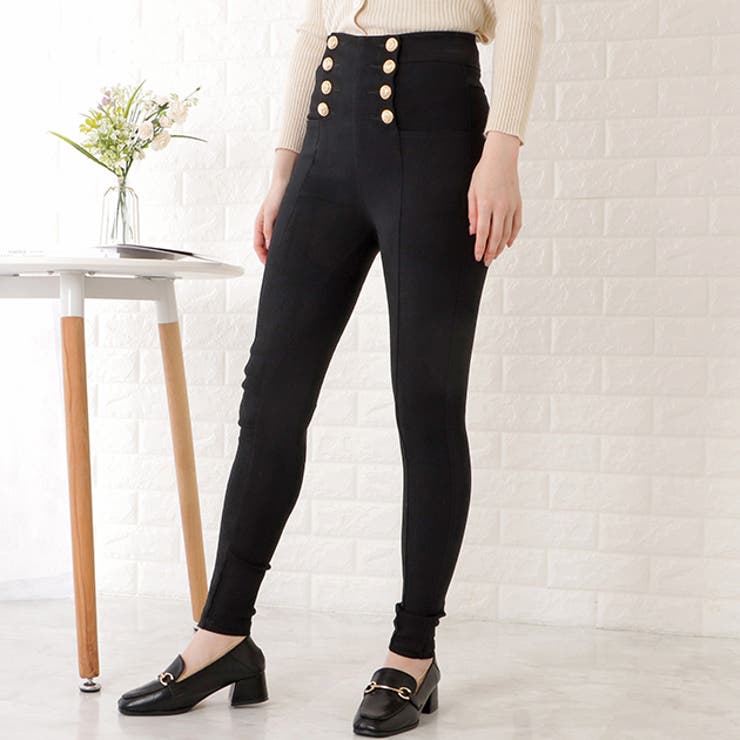 高評価なギフト ボタン付きハイウエストストレッチパンツ 女性 レディース[品番 パンツ