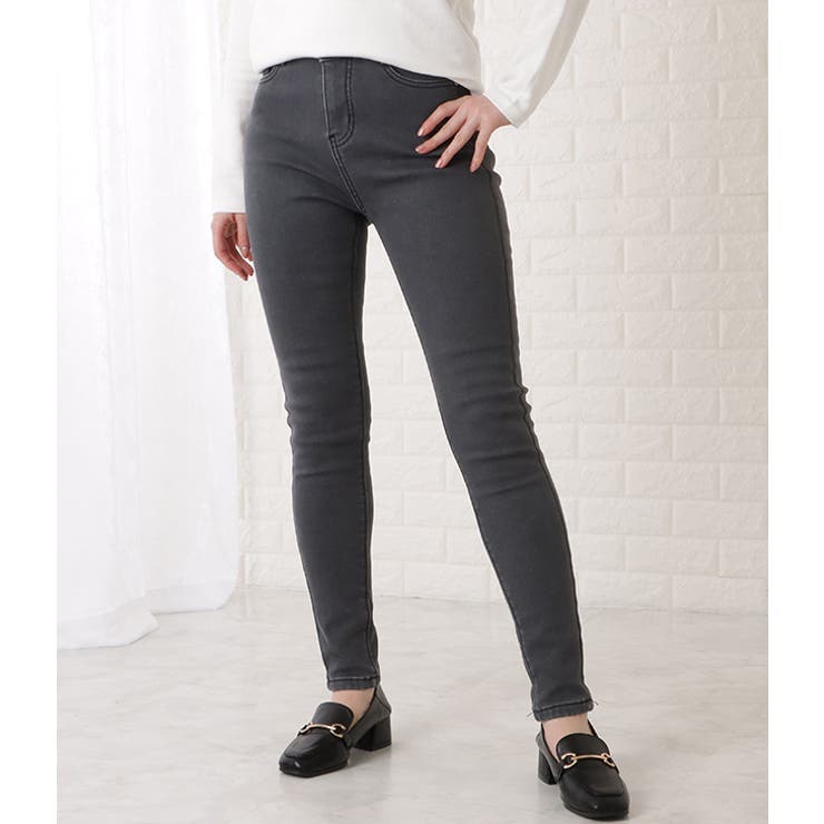 裏起毛ハイウエストストレッチスキニーデニムパンツ 女性