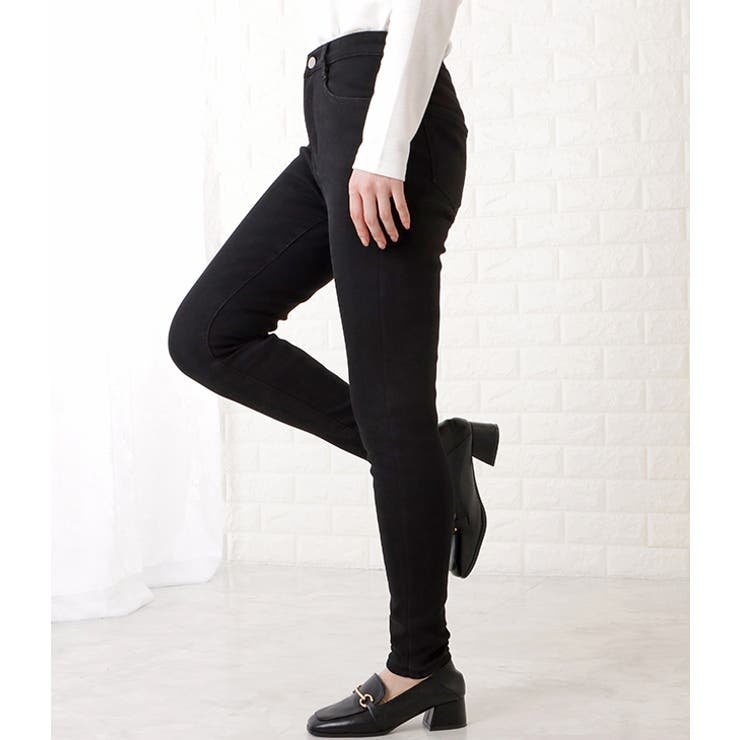 裏起毛ハイウエストストレッチスキニーデニムパンツ 女性