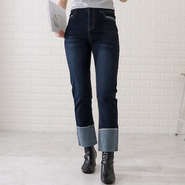 【コンビニ受取対応商品】 ロールアップハイウエストストレートデニムパンツ 女性 パンツ