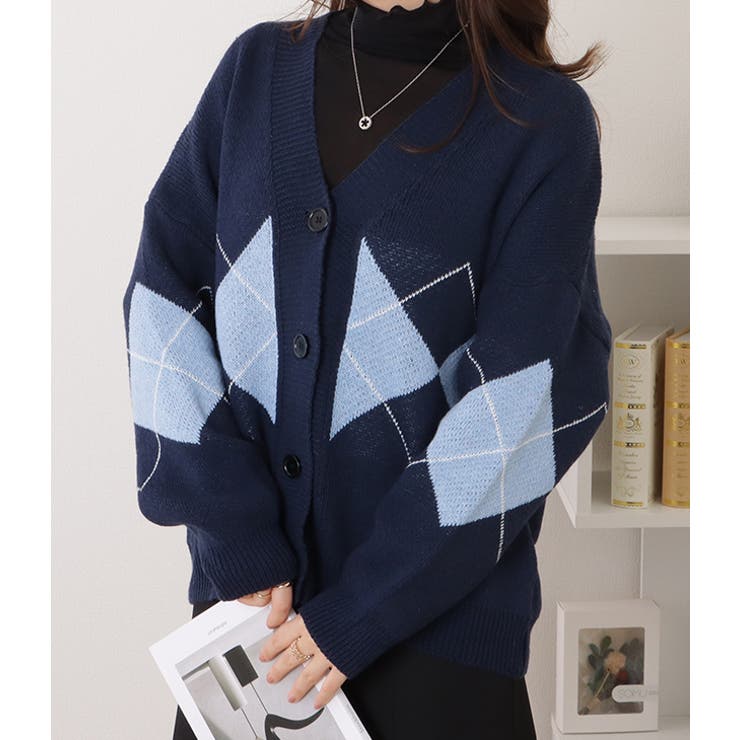 アーガイル柄Vネックゆるニットカーディガン 女性 レディース | レースレディース  | 詳細画像11 