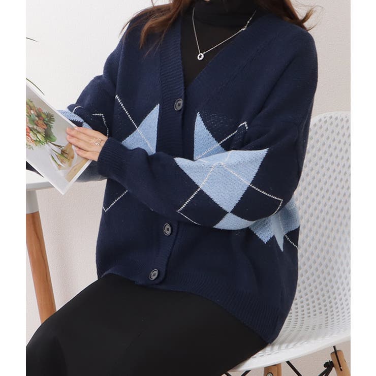 アーガイル柄Vネックゆるニットカーディガン 女性 レディース | レースレディース  | 詳細画像13 