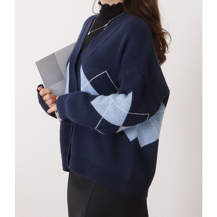 アーガイル柄Vネックゆるニットカーディガン 女性 レディース | レースレディース  | 詳細画像14 