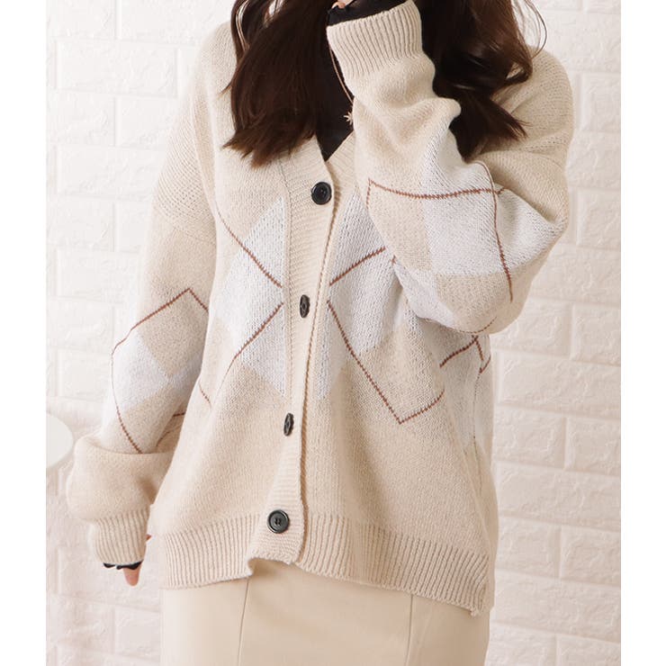 アーガイル柄Vネックゆるニットカーディガン 女性 レディース | レースレディース  | 詳細画像4 