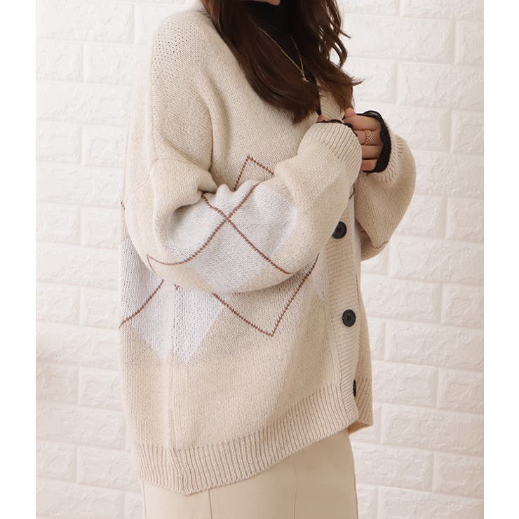 アーガイル柄Vネックゆるニットカーディガン 女性 レディース | レースレディース  | 詳細画像6 