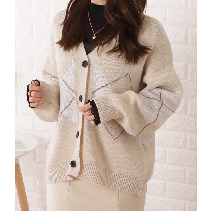 アーガイル柄Vネックゆるニットカーディガン 女性 レディース | レースレディース  | 詳細画像7 