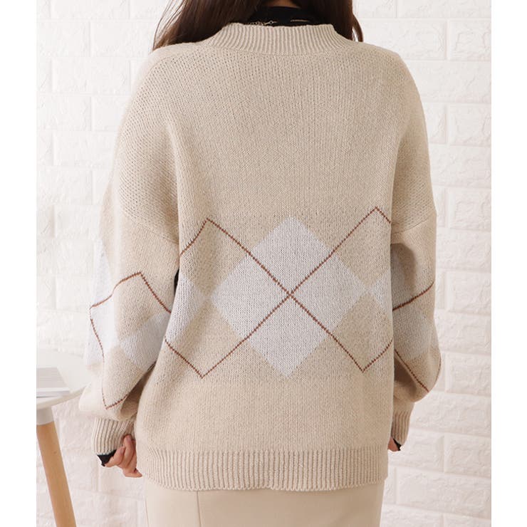 アーガイル柄Vネックゆるニットカーディガン 女性 レディース | レースレディース  | 詳細画像9 