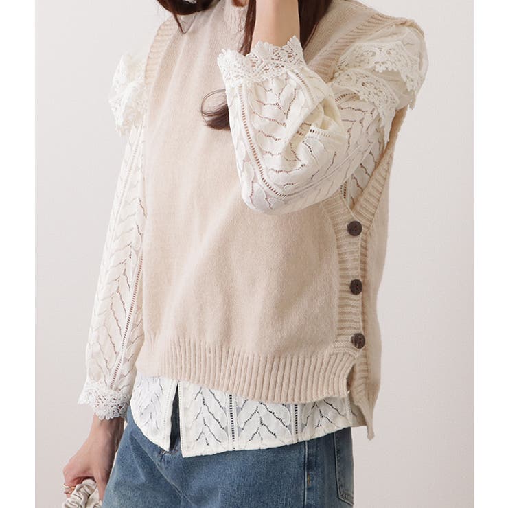 クルーネックサイドボタンニットベスト 女性 レディース | レースレディース  | 詳細画像8 