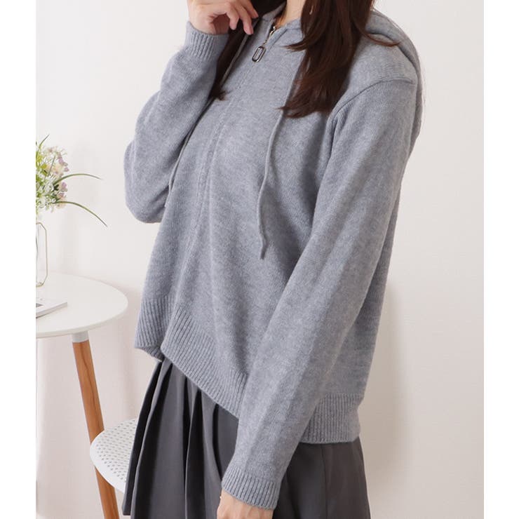 フード付コンパクトゆるニットジップパーカー 女性 レディース | レースレディース  | 詳細画像11 