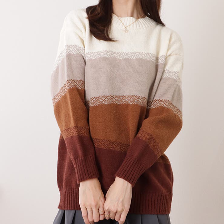 クルーネックグラデーションボーダーニットプルオーバー 女性 レディース | レースレディース  | 詳細画像1 