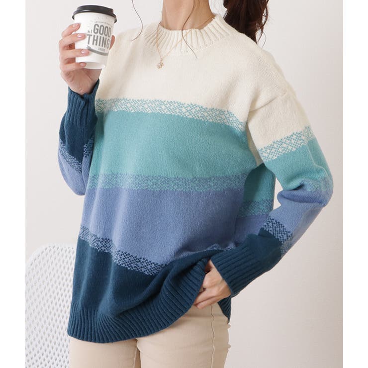 クルーネックグラデーションボーダーニットプルオーバー 女性 レディース | レースレディース  | 詳細画像13 