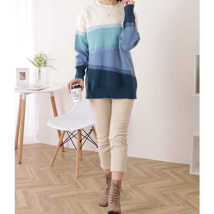 クルーネックグラデーションボーダーニットプルオーバー 女性 レディース | レースレディース  | 詳細画像15 