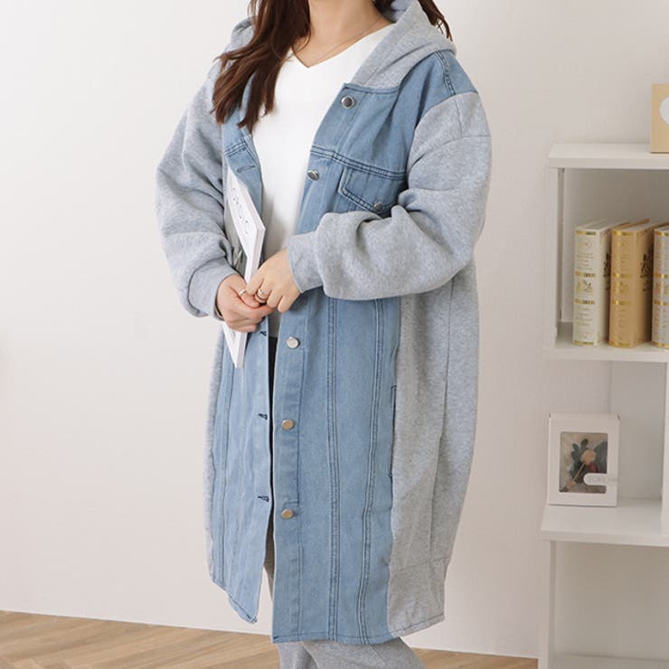 デニムドッキングフーデットスウェットコート 女性 レディース | レースレディース  | 詳細画像1 