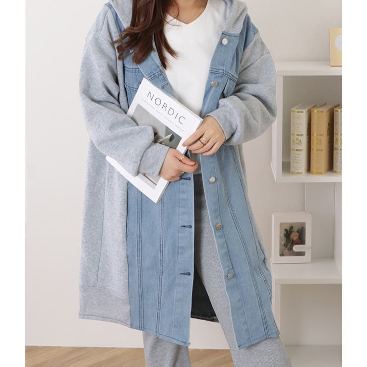 デニムドッキングフーデットスウェットコート 女性 レディース | レースレディース  | 詳細画像7 