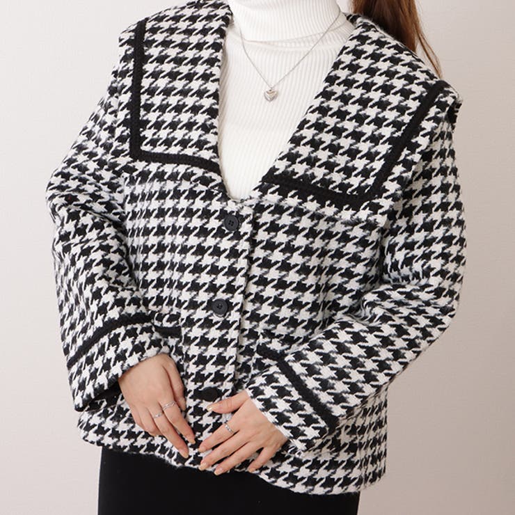 千鳥格子柄ビッグカラーニットジャケット 女性 レディース[品番