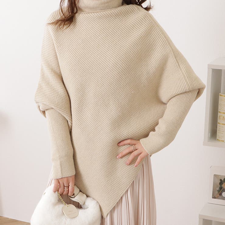 ハイネック変形ポンチョニットプルオーバー 女性 レディース[品番