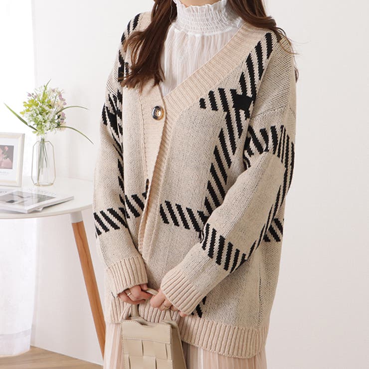 チェック柄オーバーサイズニットカーディガン 女性 レディース | レースレディース  | 詳細画像1 