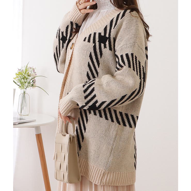 チェック柄オーバーサイズニットカーディガン 女性 レディース | レースレディース  | 詳細画像12 