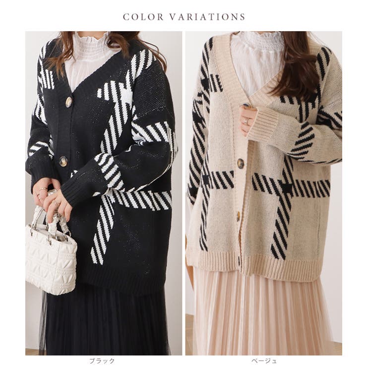 チェック柄オーバーサイズニットカーディガン 女性 レディース | レースレディース  | 詳細画像2 