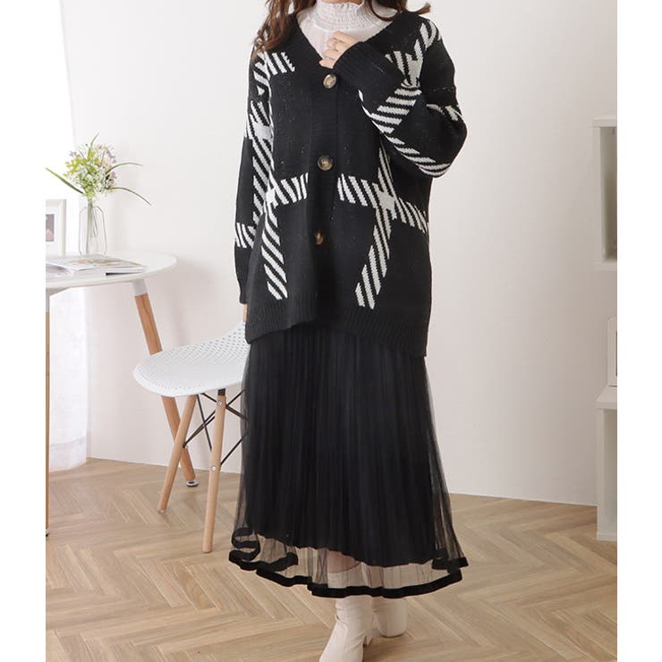 チェック柄オーバーサイズニットカーディガン 女性 レディース | レースレディース  | 詳細画像4 