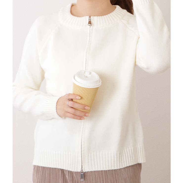 クルーネックジップアップコンパクトニットカーディガン 女性 レディース | レースレディース  | 詳細画像4 