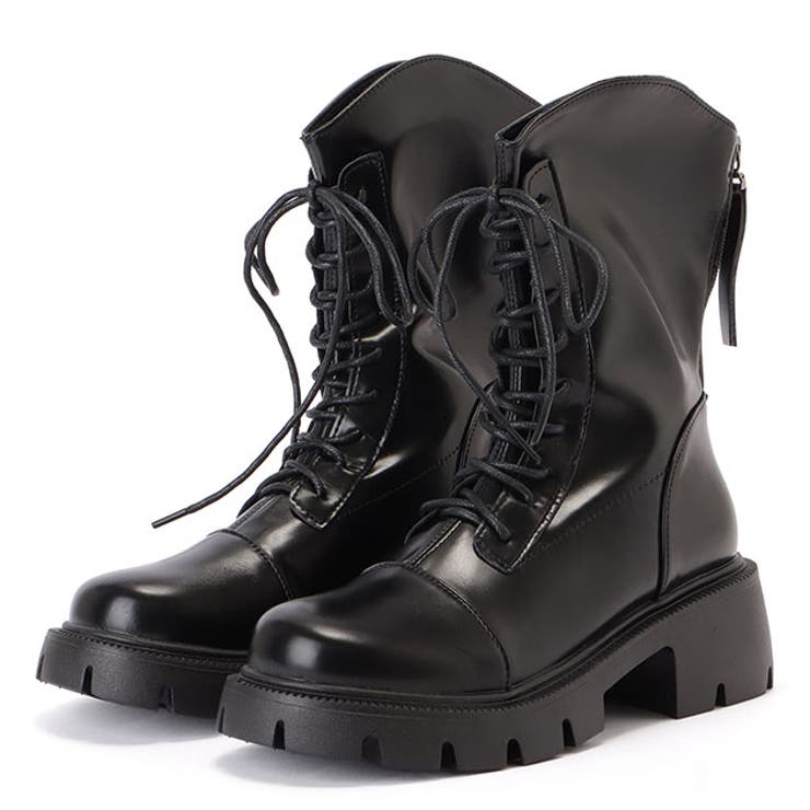 レザー調ショート丈トラックソールレースアップブーツ 女性 レディース | レースレディース  | 詳細画像1 