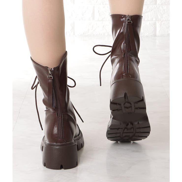 レザー調ショート丈トラックソールレースアップブーツ 女性 レディース | レースレディース  | 詳細画像12 