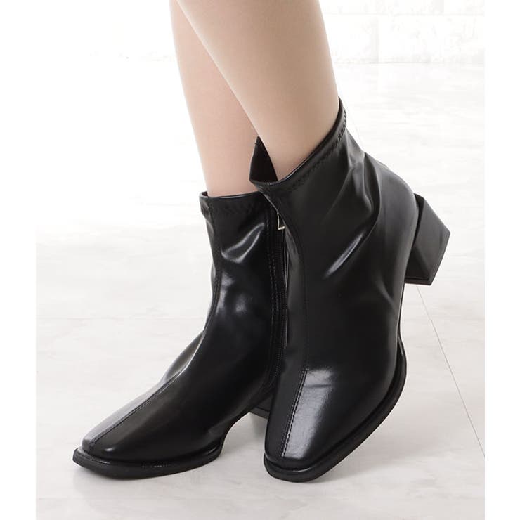 レザー調スクエアチャンキーショートブーツ[品番：LCLW0004895