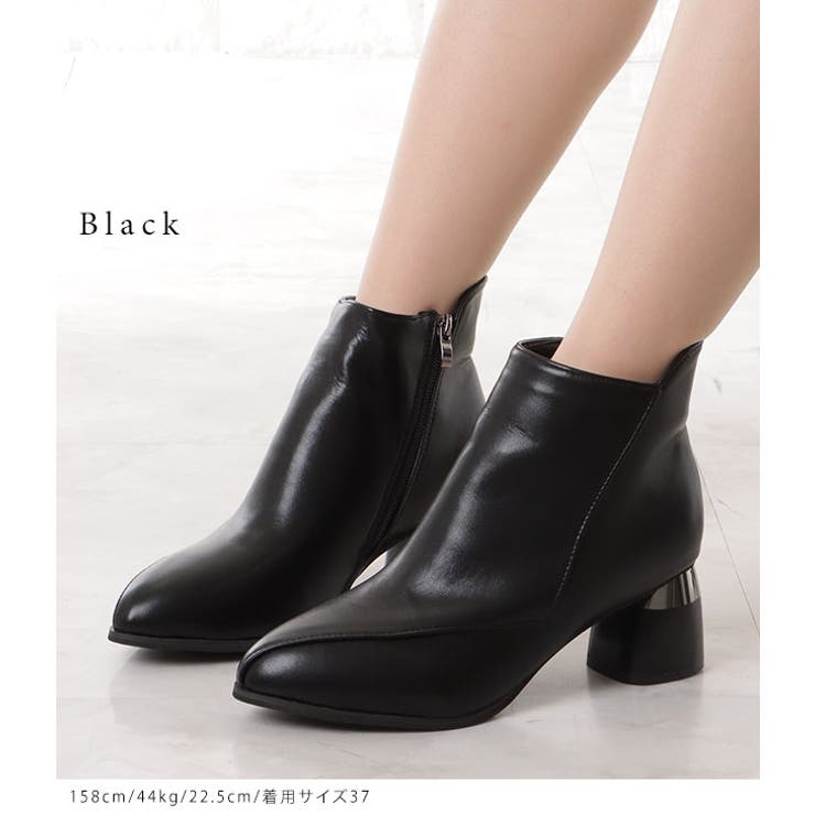 レザー調ステッチプラスメタリックヒールショートブーツ[品番