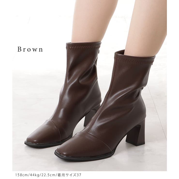 レザー調スクエアトゥセンターステッチショートブーツ[品番