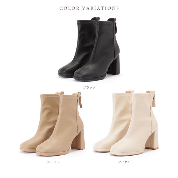 レザー調バックファスナーチャンキーショートブーツ[品番 レザー調バックファスナーチャンキーショートブーツ[品番
