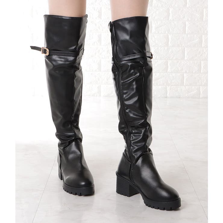 サイドファスナー付きレザー調ニーハイジョッキーブーツ 女性 レディース | レースレディース  | 詳細画像10 