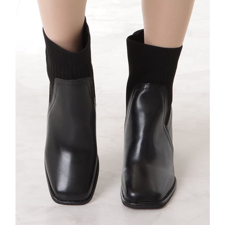 ニットドッキングレザー調チャンキーショートブーツ 女性 レディース | レースレディース  | 詳細画像12 