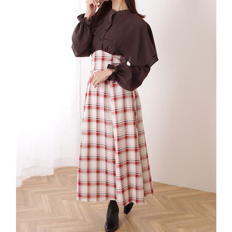 【新品・美品】レース付きケープワンピース チェック柄 ケープカラー チェック柄 ドッキング[品番：LCLW0005131