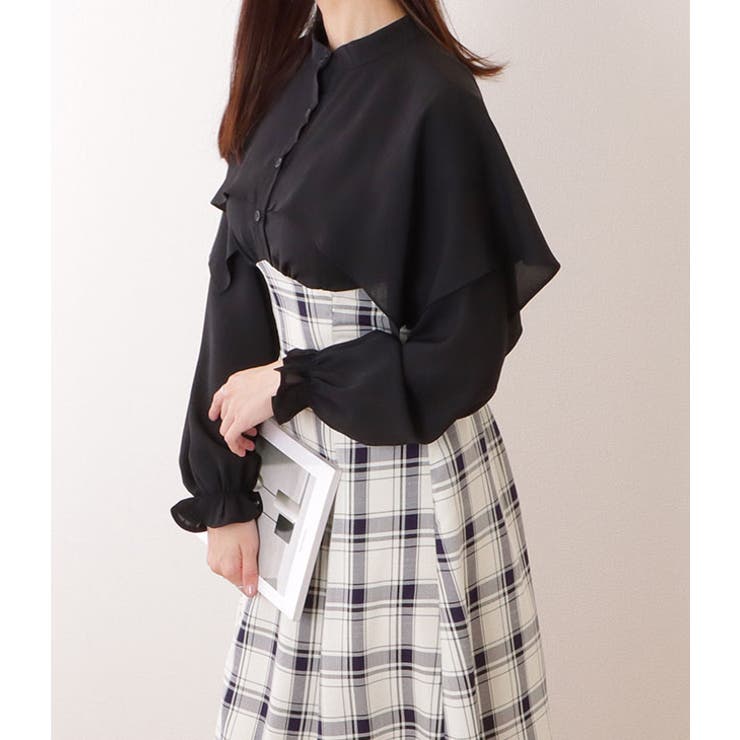 【新品・美品】レース付きケープワンピース チェック柄 ケープカラー チェック柄 ドッキング[品番：LCLW0005131