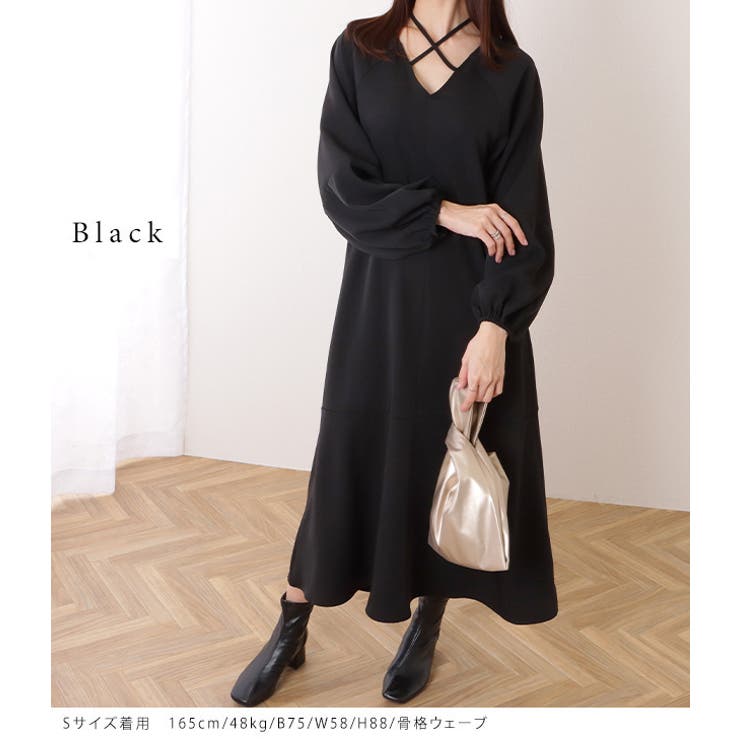 有名な高級ブランド クロスリボン Vネック バルーン袖[品番：LCLW0005136]｜レース ワンピース