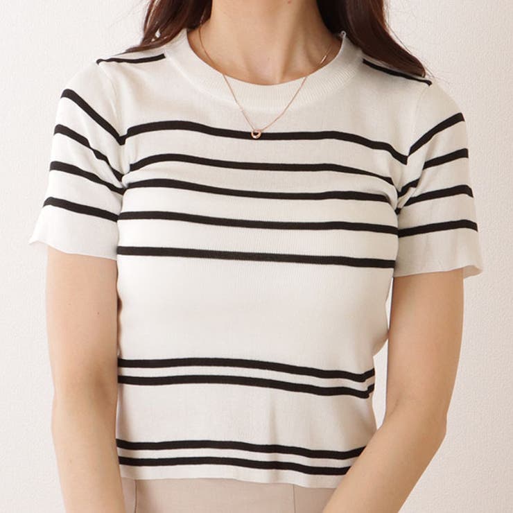 パネルボーダー クルーネック 半袖 ニット Tシャツ | レースレディース  | 詳細画像1 
