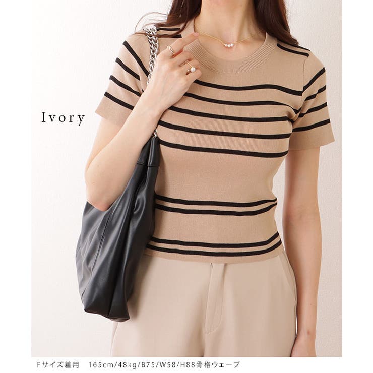 パネルボーダー クルーネック 半袖 ニット Tシャツ | レースレディース  | 詳細画像6 