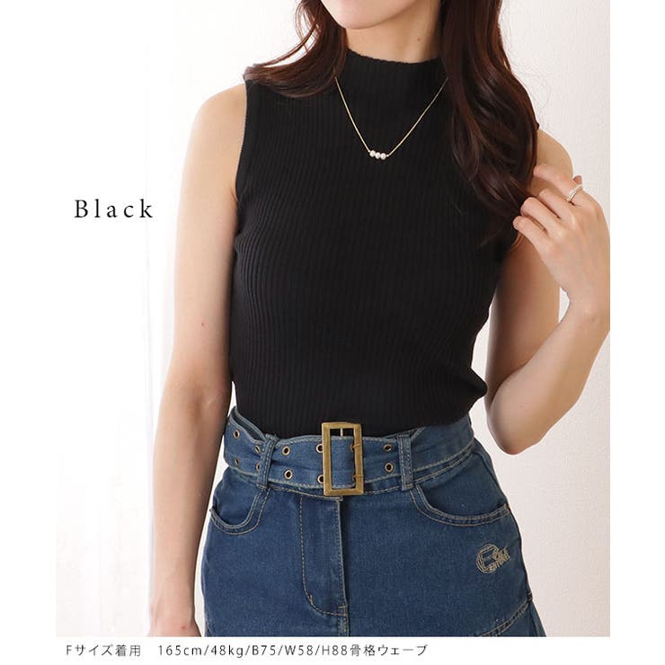 プチハイネック ノースリーブ リブ ニット トップス[品番