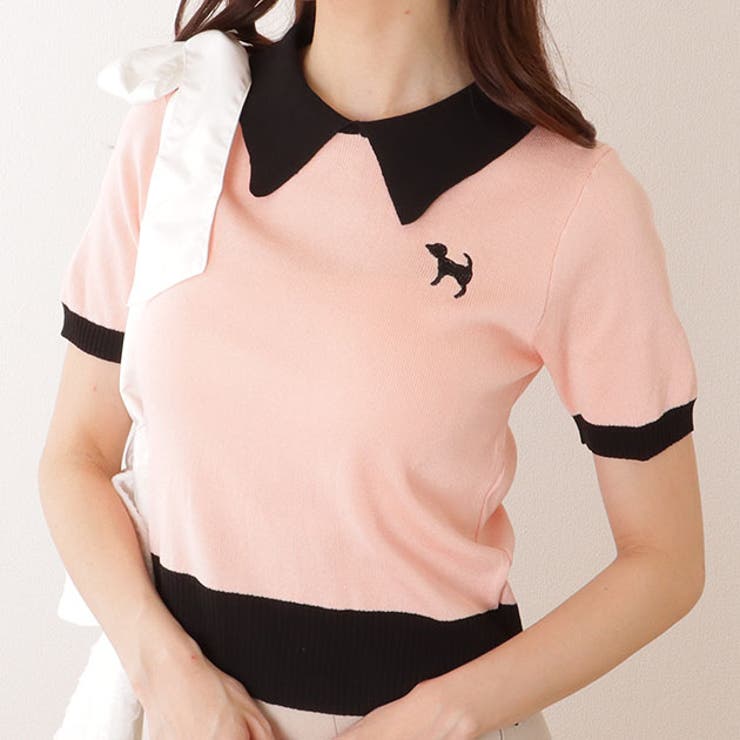 襟付き 配色 半袖 ニット Tシャツ[品番：LCLW0006602]｜レース